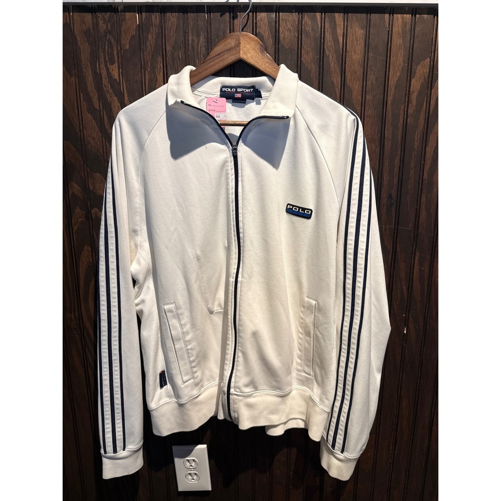 Polo Sport Ralph Lauren White Track Jacket Navy Striped Zip Up Mens XL Vintage